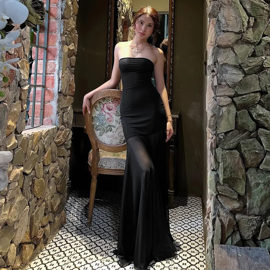 Abito lungo senza spalline in patchwork di rete elegante con spalle scoperte Abito lungo da sera per feste da donna aderente sexy estivo sottile