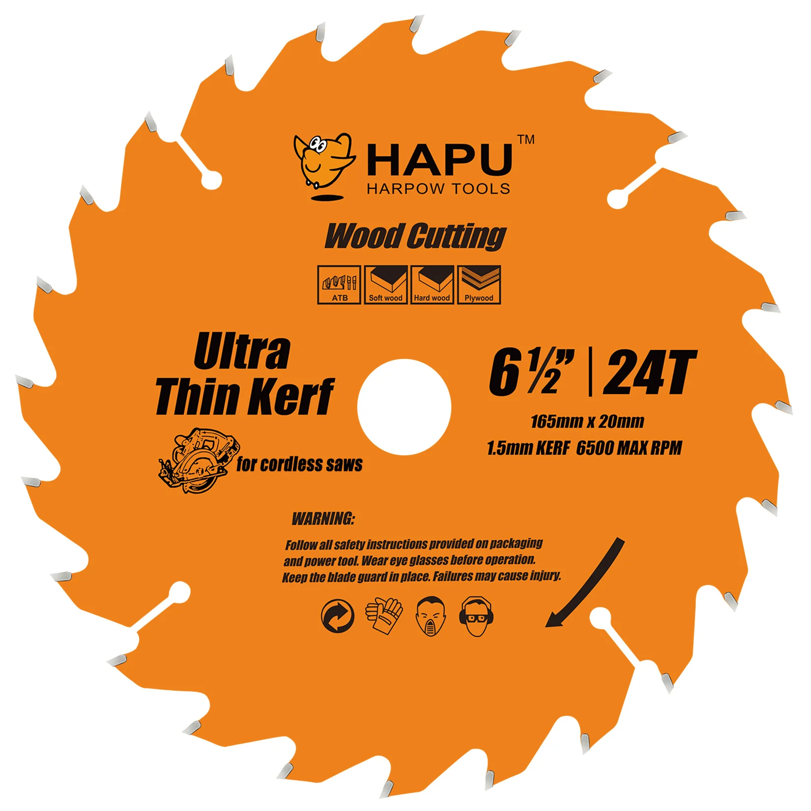 

HAPU 1.5mm Ultra Thin Kerf 6-1/2Inch 24T Wood Cutting Carbide Tipped Circular Saw Blade for Cordless Saws TCT Blade for Wood