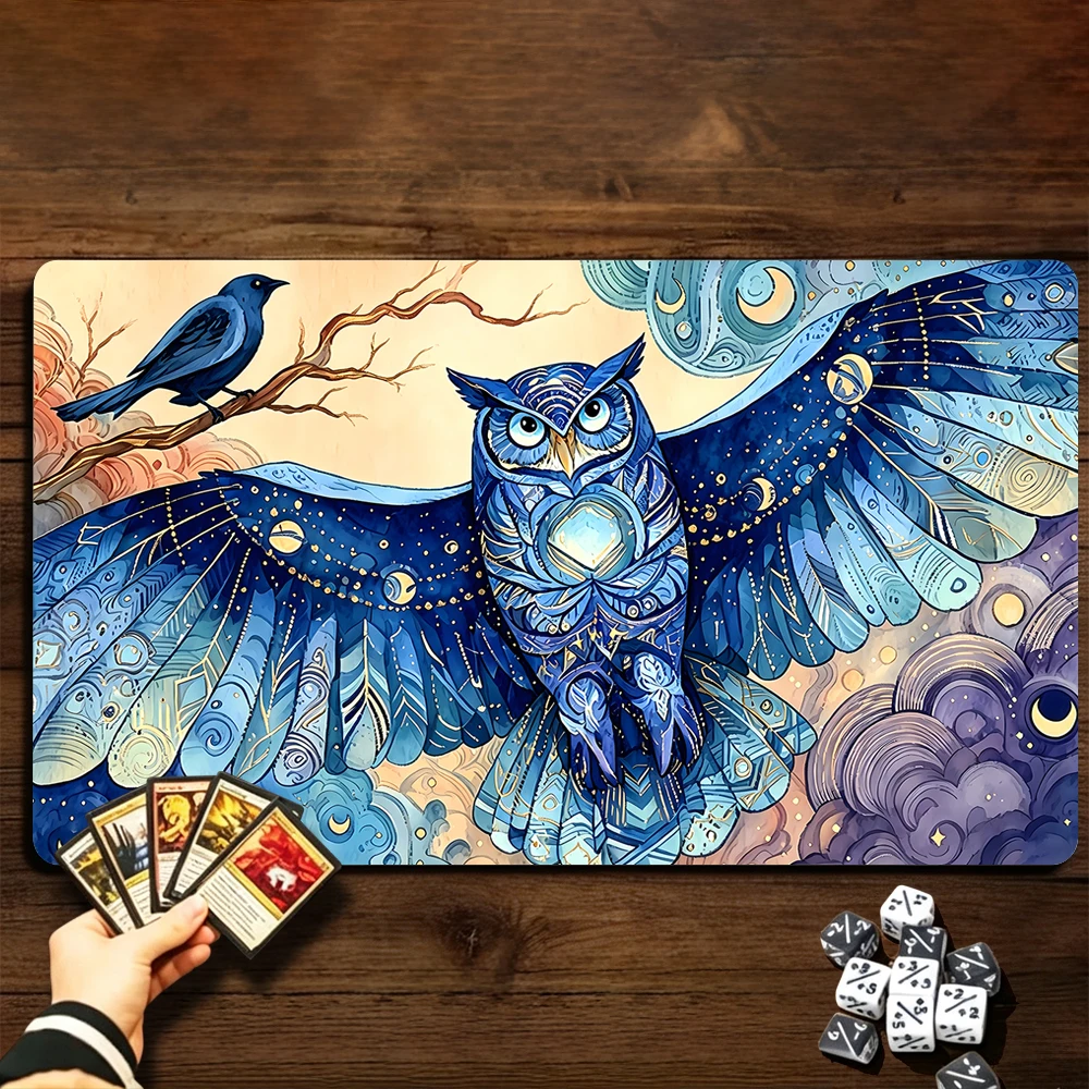 Fantasy Giant Owl TCG Playmat Magic Playmat Gathering Gaming Mat with Stitched Edge Anti-slip base 60X35cm Trading Card Game