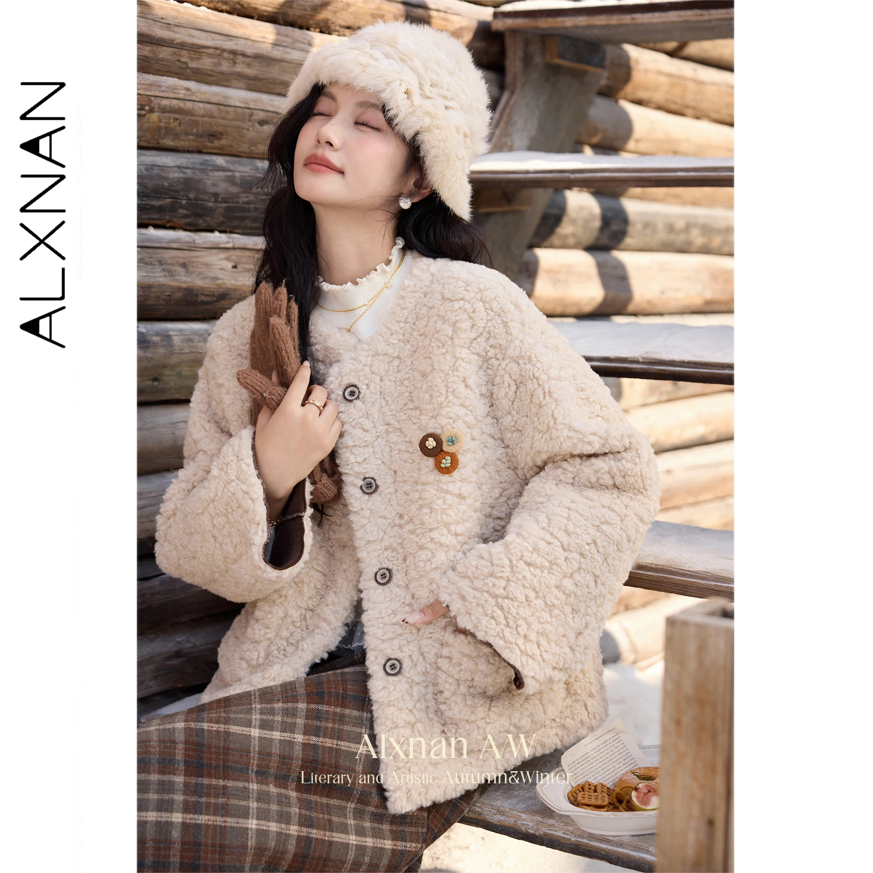 

ALXNAN Women's Khaki Jacket Short Round Neck Single Breasted Wool Warm Coats 2025 Autumn Winter Casual Ladies Outerwears L523122