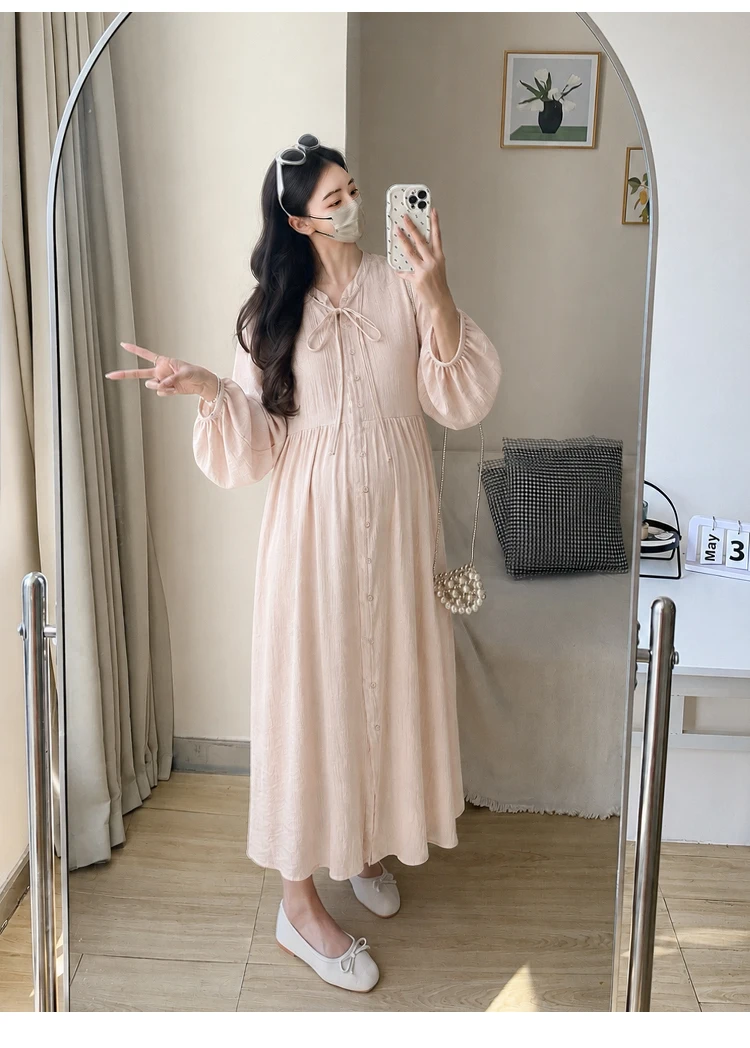 Autumn Plus Size Pregnant Woman Long Loose Dress Lantern Sleeve Ribbon Collar Maternity Shirts Dresses