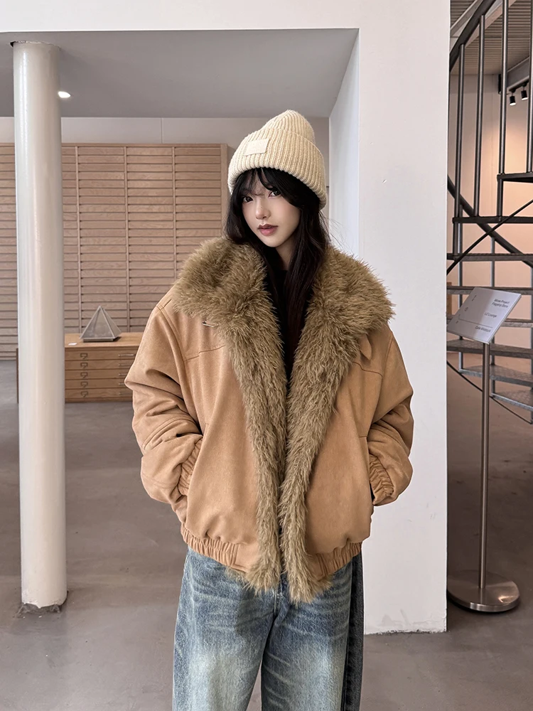 

Женская хлопковая куртка URKR с воротником из меха барновской совы, зимняя утепленная, в американском ретро-стиле, с отложным воротником, высококачественная хлопковая верхняя одежда