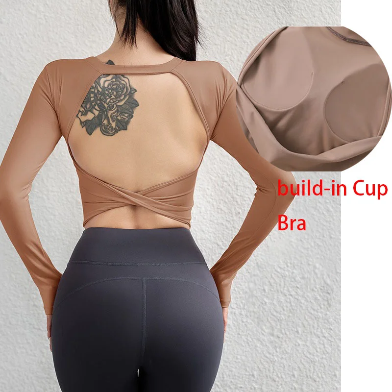 Aiithuug Twist Back Workout Top with Built in Bra Yoga Long Sleeve Bra Crop Open Back Pilates Yoga Crop Top Backless Gym Shirt