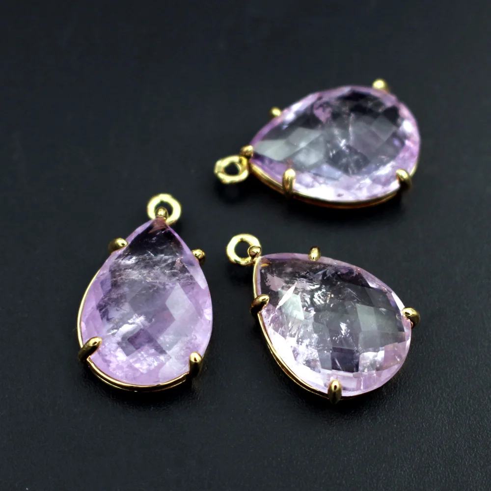 10pcs 21mm Gold Plated Faceted Teardrop Natural Stone Pendants Labradorite Amazonite Green Quartz Drops Charms Jewelry DIY