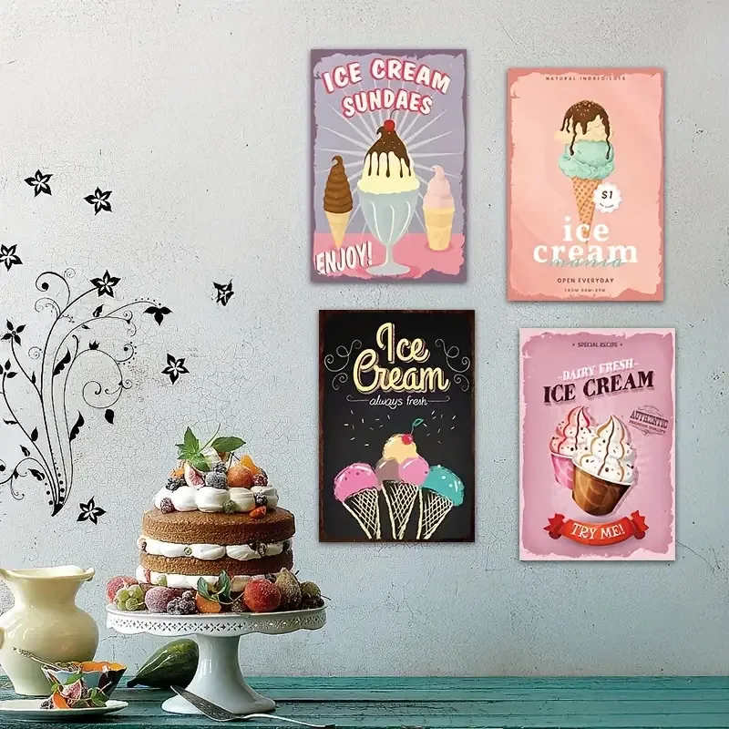4pcs Vintage Ice Cream Metal Sign Set- Suitable For Dessert Stations, Ice Cream Shops, Milkshakes Bars, Frozen Yogurt Parlors