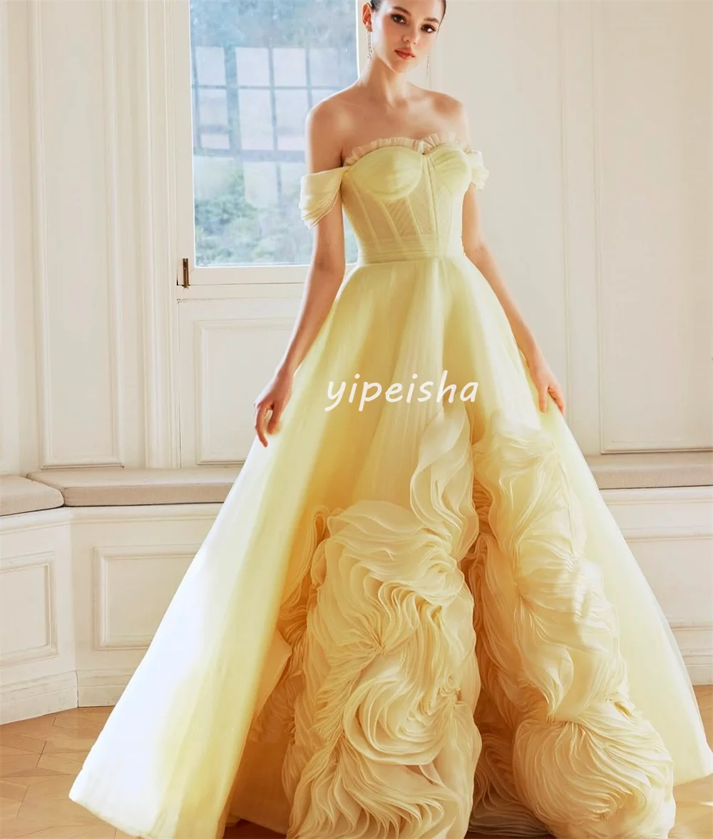Abiti lunghi personalizzati di alta qualità classici in organza con volant a trapezio con spalle scoperte Abiti da cerimonia su misura Stile moderno formale