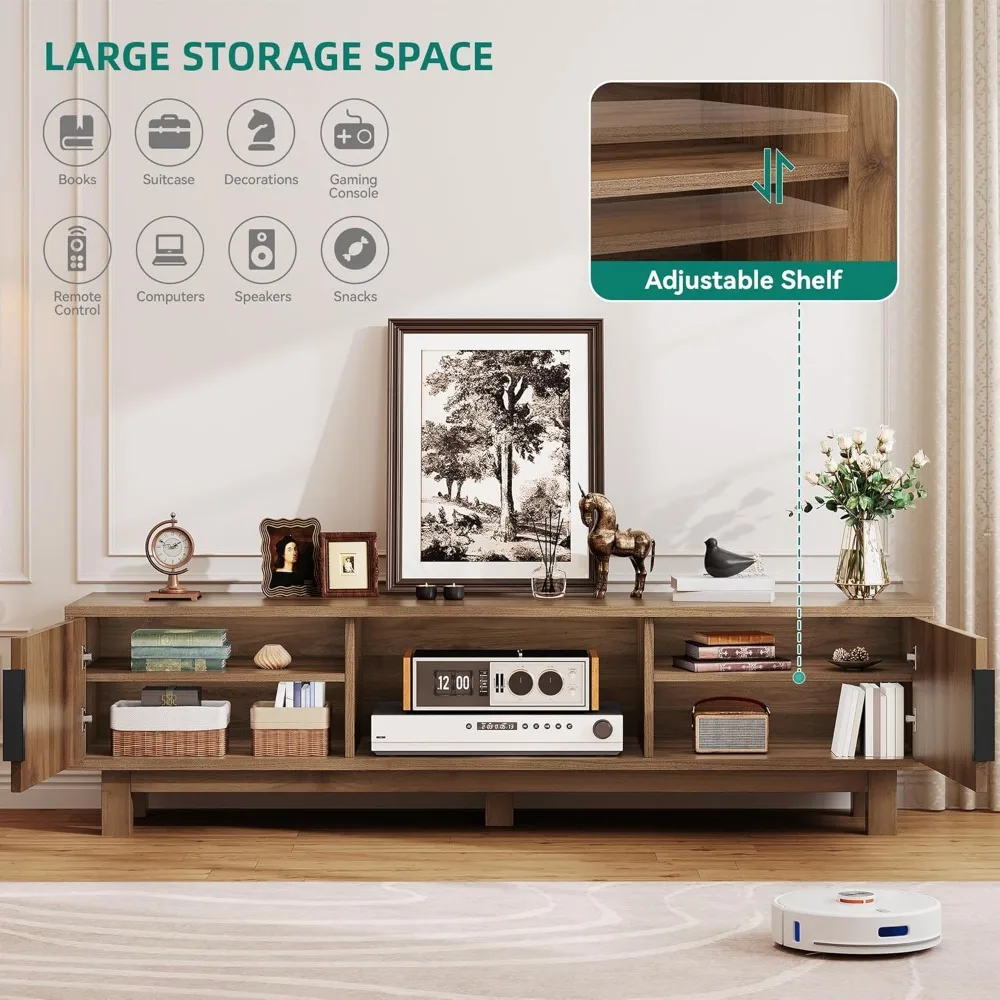 حامل تلفزيون مخدد لأجهزة التلفاز حتى 65 بوصة، مركز ترفيه مع منافذ طاقة ومقصورات تخزين، شركة تلفزيون خشبية طويلة 59 بوصة