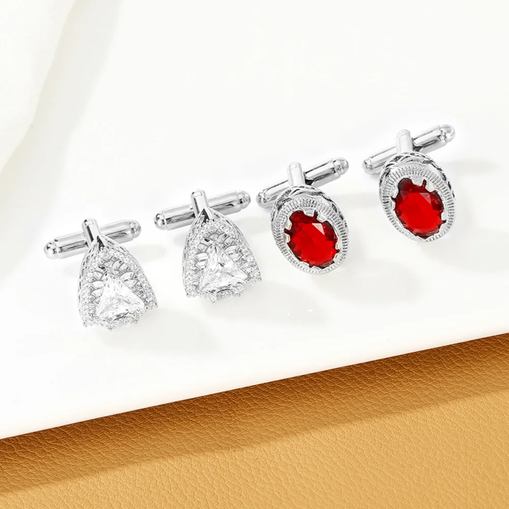 Sparkling Triangle White Diamond Cufflink Exquisite Red and White Diamond Cufflink Men's Business Banquet Dress Shirt Accessory