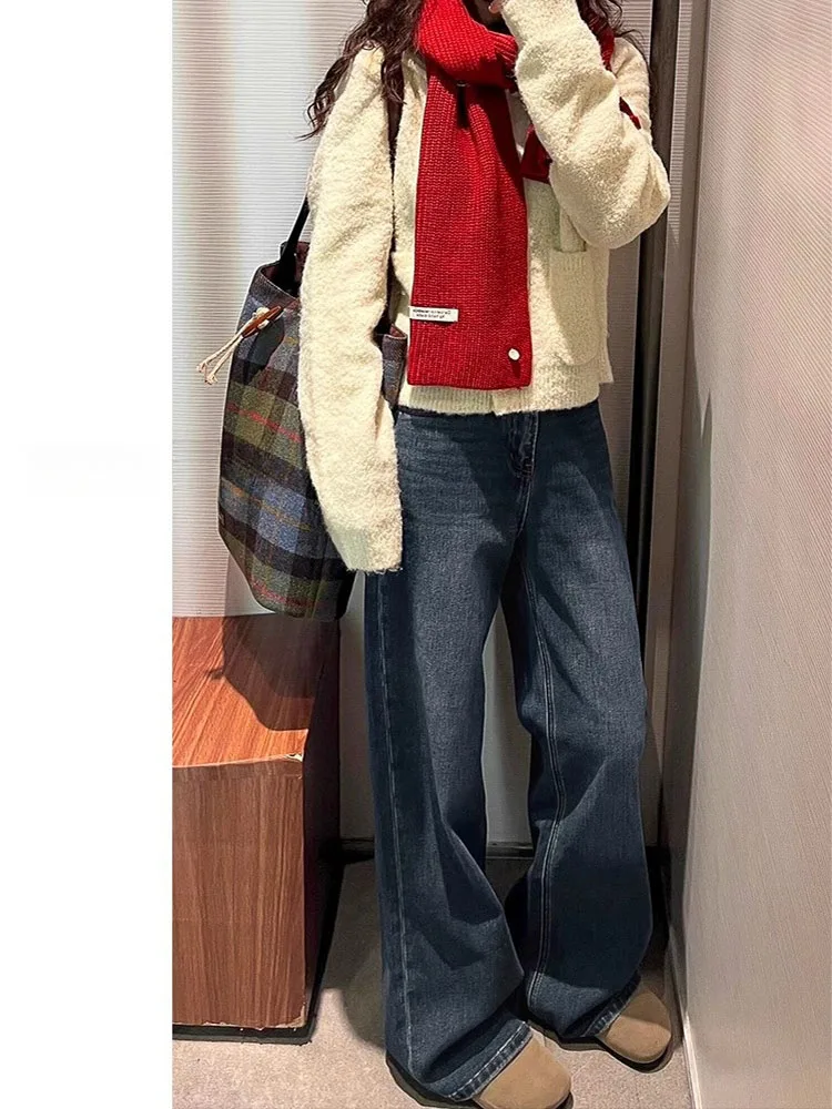 

Прямые джинсы с высокой талией, синие джинсовые джинсы, женские свободные брюки грушевого кроя, большие размеры, утягивающие широкие брюки, повседневные брюки