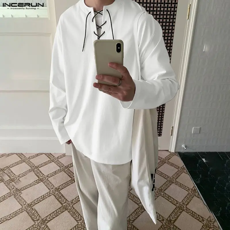 

INCERUN Мужская рубашка Сплошной цвет с v-образным вырезом и длинным рукавом на шнуровке Мужская одежда Уличная одежда Свободные корейские модные повседневные мужские рубашки 2025 года