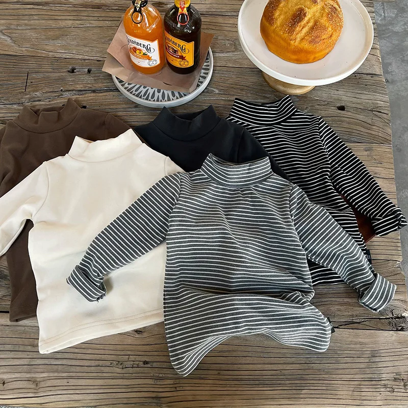 2026 Autumn Winter Children Long Sleeves T-shirt Baby Boys Girls Stripe Turtleneck Undershirts 2-8Years Kids Casual Pullover