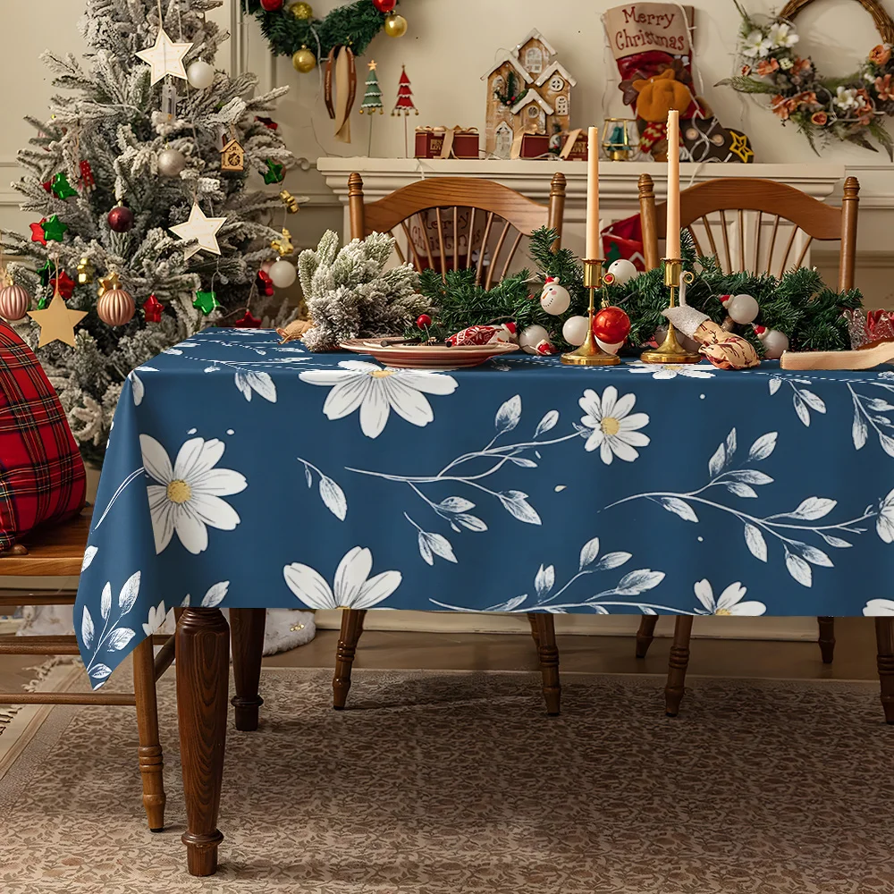 Cyan White Blue Daisies Waterproof table cloth, splash-proof tablecloth, for party, Halloween, Christmas, dining, camping