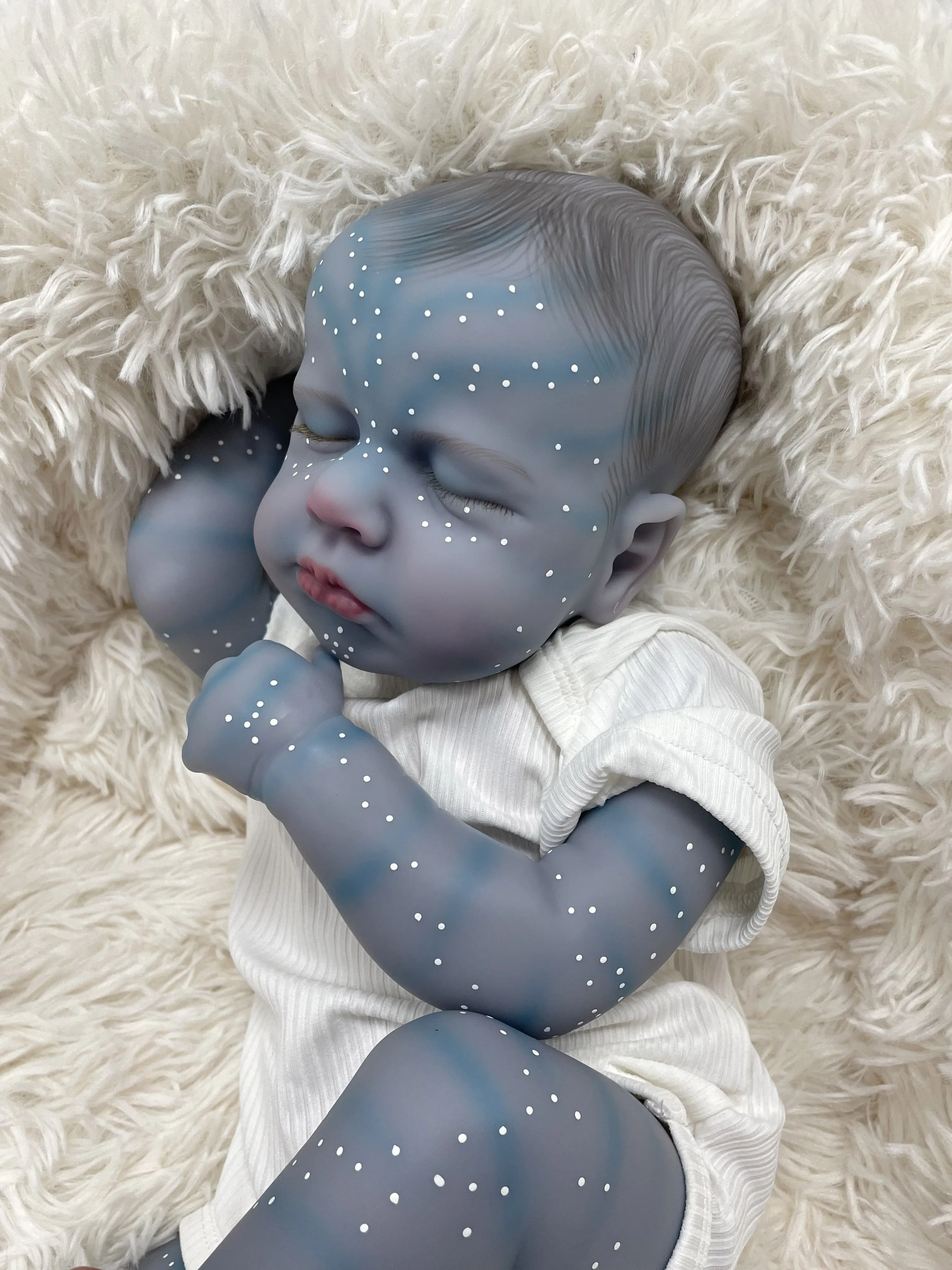 48cm loulou versão de pele azul toque macio pano corpo já terminado pintura realista dormir boneca reborn com desenhar à mão cabelo