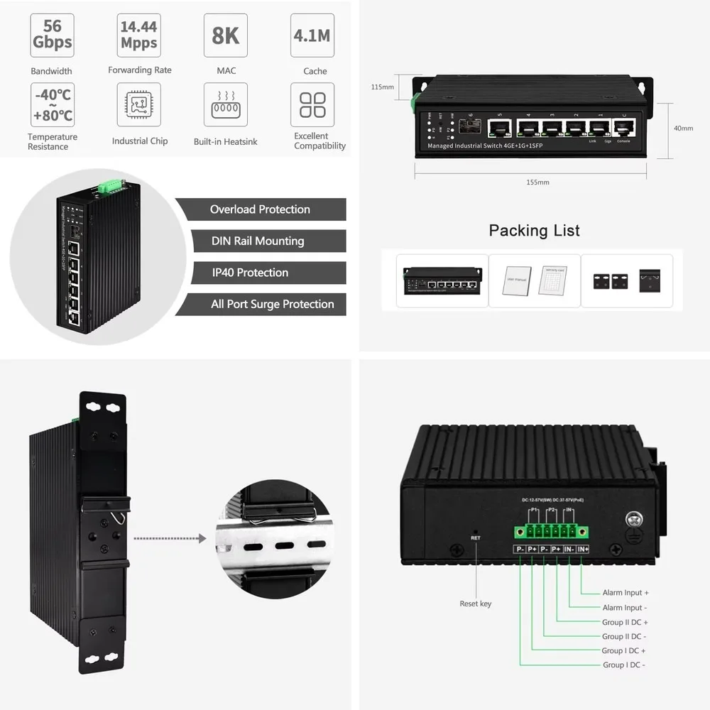Industrial 5-Port Gigabit DIN-Rail Managed PoE+ Switch, 90W 802.3af/at/bt, L2