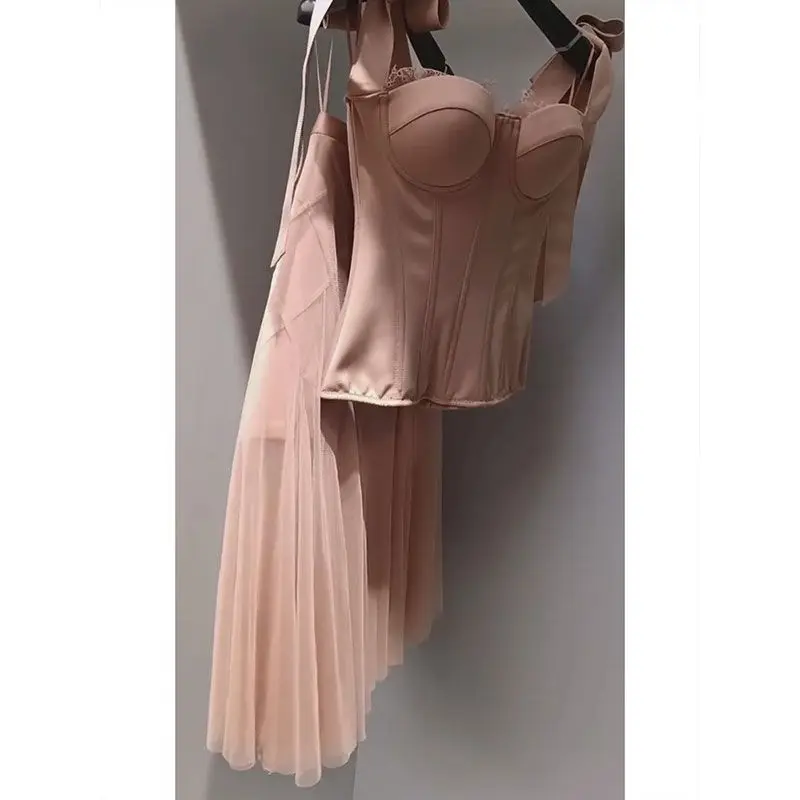 Trendy Lace  Knot Halter Neck  Skirt Two Piece Set for Women Salt Series Maturity Light Summer Fashion Ensemble