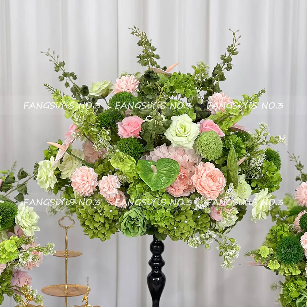 Pink Green Artificial Hydrangea Rose Anthurium Arrangement Wedding Table Centerpiece Floral Runner Party Backdrop Banquet Decor - view 6