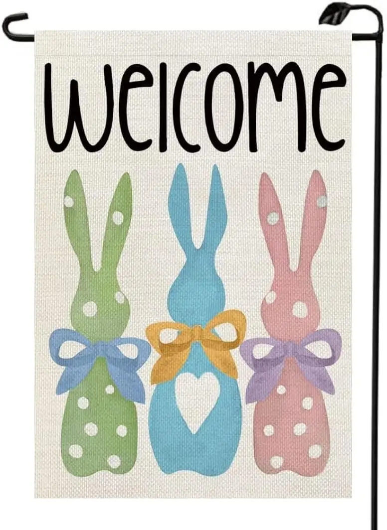 Happy Easter Three Bunny Garden Flag 12x18 Inch Double Sided for Outside Burlap Small Polka Dots Colorful Welcome Yard Flag FH01