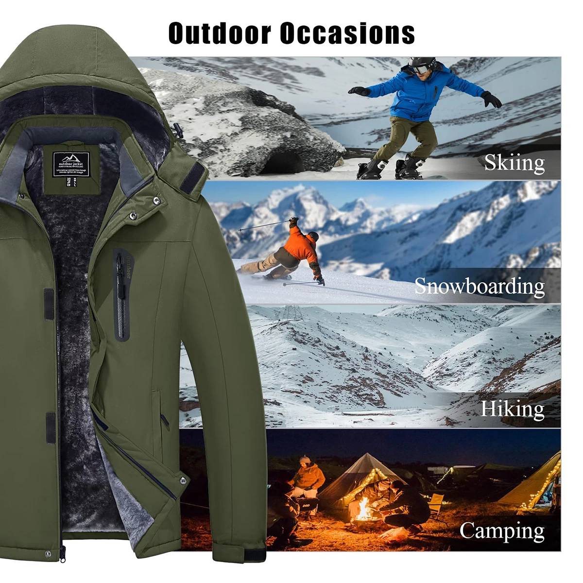 Herren-Winterjacke aus wasserdichtem Fleece, warm, winddicht, mit Kapuze, für Ski, Snowboard, Wandern, Outdoor, Parka-Mantel, mit mehreren Taschen – Detail 9