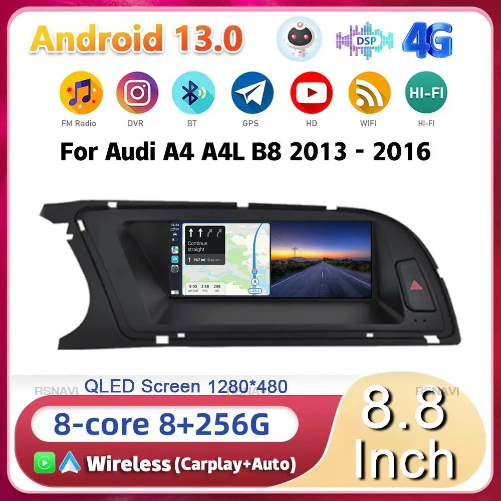 

Автомагнитола 8,8 дюймов, Android 13, для Audi A4, A4L, B8, A5, 2009, 2010, 2011, 2012 -2016, GPS-навигация, мультимедийный плеер, Wi-Fi + 4G Carplay, автостерео