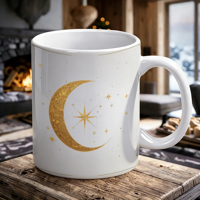 

Golden crescent moon and stars ceramic mug, coffee cup, milk cup, office tea cup, drinking cup, fade-resistant, gift for friends
