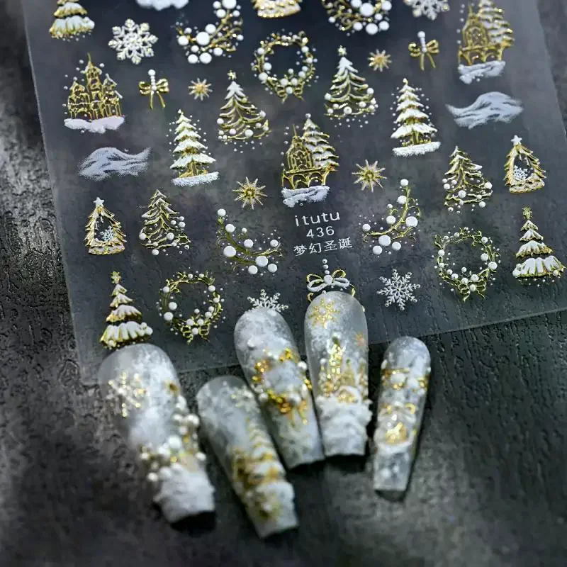 Christmas Embossed Nails Art Stickers Dreamy Castle Christmas Tree Snowflake Self-Adhesive Manicure Decals Nail Decoration