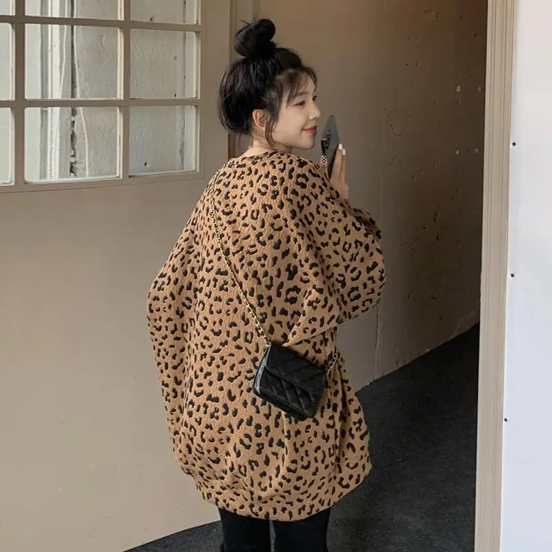 Trend Leopard Thick Loose Sweatshirts Femme Korean Pullover O-neck Long Sleeve T-Shirt Autumn Winter 2023 New All-match Top Tee