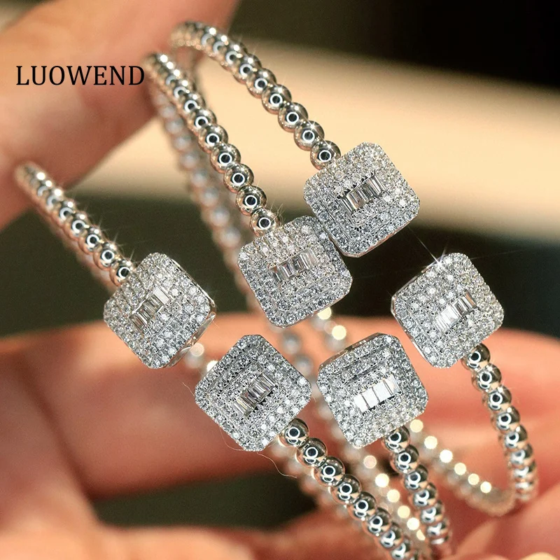 LUOWEND 100% 18K White Gold Bangle Fashion Square Design 0.58carat Real Natural Diamond Bangle for Women High Engagement Jewelry