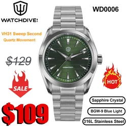 Watchdives WD0006 Watch VH31 Sweep Second Movement Domed Sapphire Crystal BGW9 Luminous 10Bar Waterproof 38mm Vintage Watches