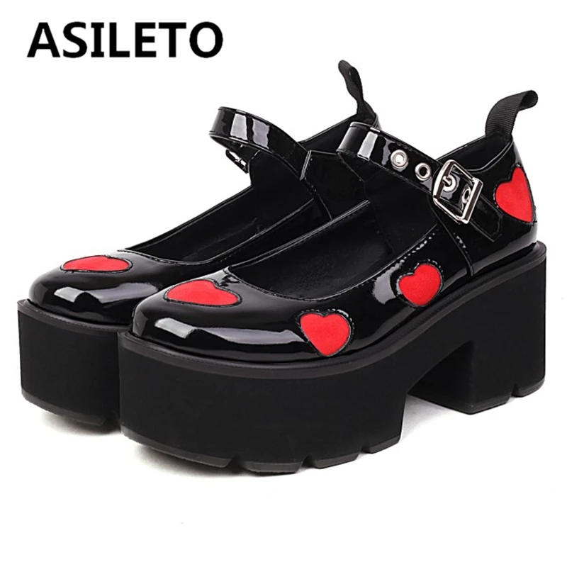 

ASILETO 2022 Women Platform Pumps Round Toe Chunky Heels Buckle Strap Heart Appliques Large Size 35-43 Black Red Spring S3119