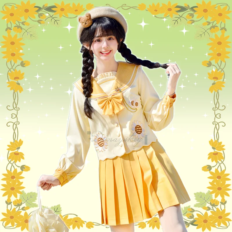 Школьная форма JK 2025 года, костюм моряка с подсолнухом, кремово-желтый топ, плиссированная юбка, галстук-бабочка, милая одежда, костюм на Хэллоуин для девочек, новинка Школьная форма JK 2025 года, костюм моряка с подсолнухом, кремово-желтый топ, плиссированная юбка, галстук-бабочка, милая одежда, костюм на Хэллоуин для девочек, новинка