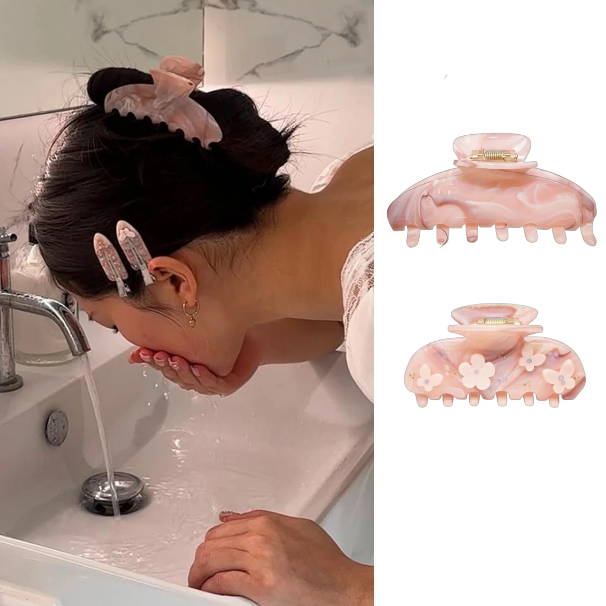 

Large Pink Marble Acrylic Hair Claw Clip for Women Strong Hold Matte Pastel Butterfly Clamp Vintage French Barrettes for Girls