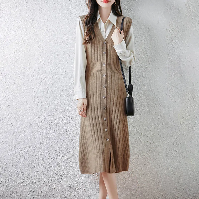 2025 novo vestido feminino meio longo sem mangas colete 100% lã merino cintura botão para baixo malha deslizamento camadas inteligentes