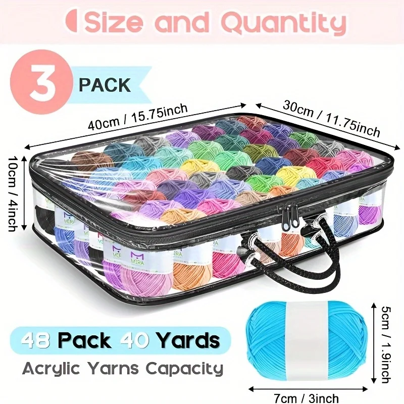 3 عبوات من أكياس تخزين الغزل الشفافة مع سحاب إغلاق - منظم قابل للتكديس لغرفة الحرف اليدوية، الخزانة، تحت السرير - أكياس تخزين ثقيلة