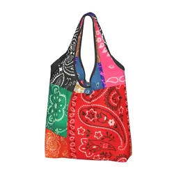 Custom Fashion Bandanna Patchwork Shopping Bag Women Portable Big Capacity Grocery Paisley Pattern Shopper Tote Bags