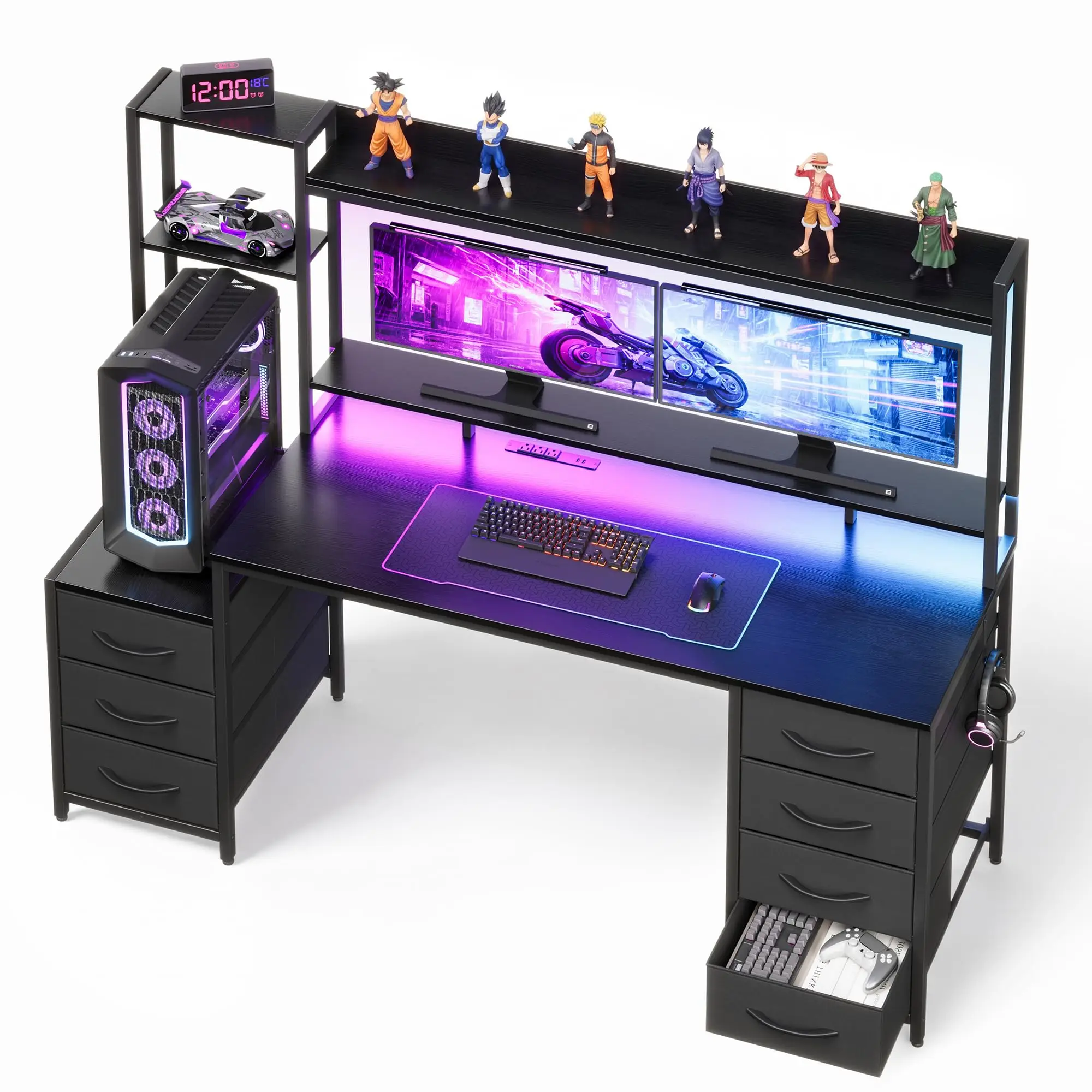 55 Inch Computer Desk with 7 Drawers & Hutch, Reversible Gaming Desk with LED Lights and Power Outlets, Modern Office