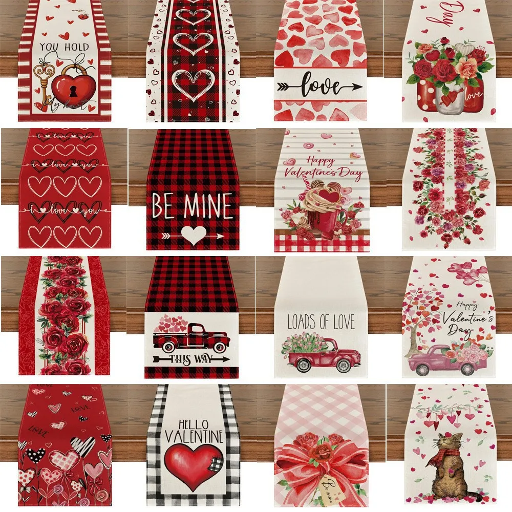 33X183CM Valentine's Day Table Runner Linen Eucalyptus Love Hearts Dining Table Decoration For 2025 Valentines Day Party Home