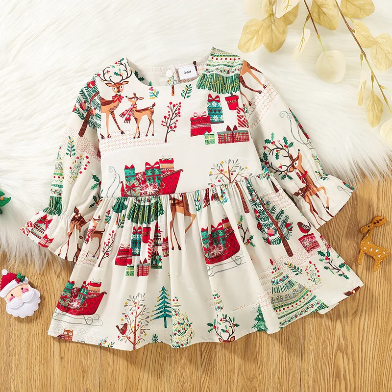 Spring and Autumn Baby Girls Christmas New Long sleeved Flare Mouth Pleated Casual Cute Dress