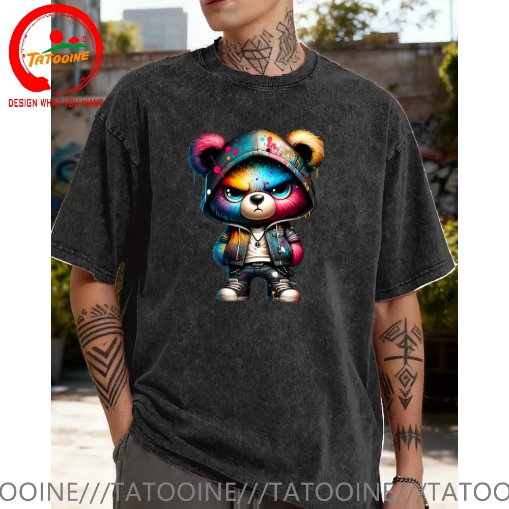 

Colorful Bear T Shirt Men Vintage Washed Cotton T-Shirt Fashion Trendy Tee Shirt Casual Clothes tshirt Streetwear Shirt