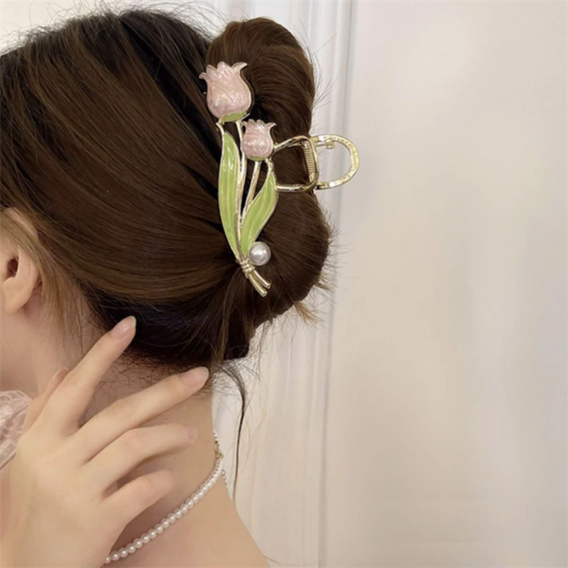 2022 Fashion Lily of The Valley Flower Tulip Metal Pearl Hairpin Girl Shape Ponytail Hair Claw Decoration Shark Clip Headgear