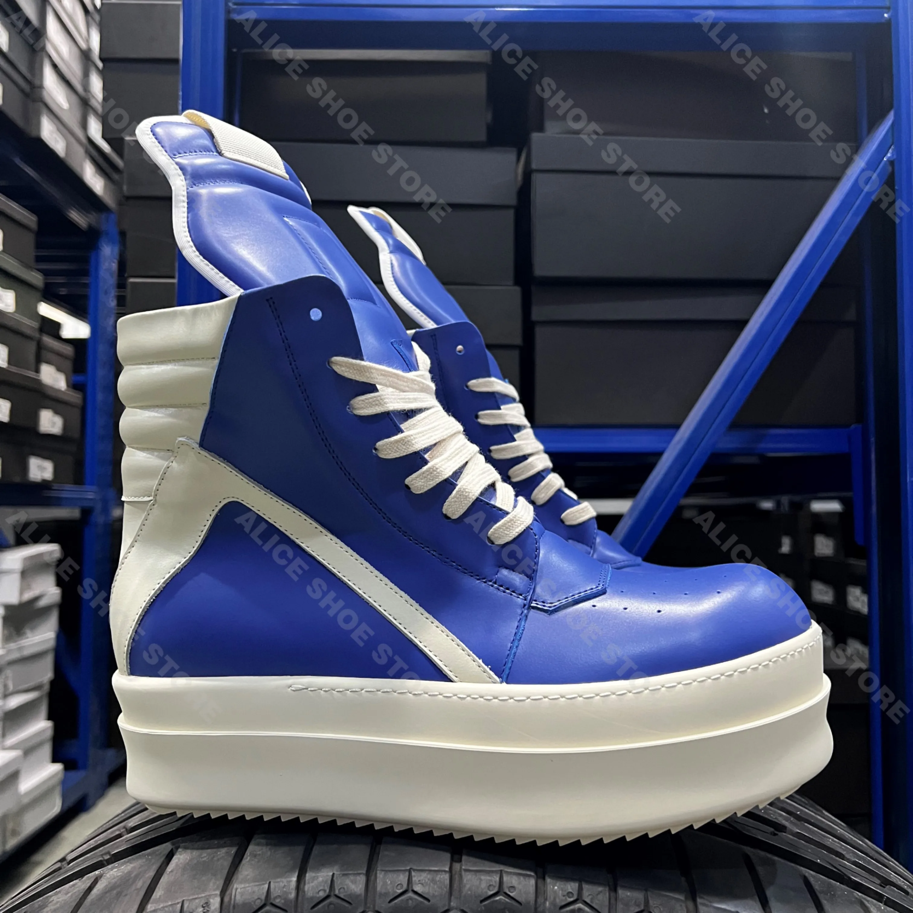 

Royal Designer Women Ankle Boot Platform 6cm High Dress Shoe Casual Luxury Men Shoe Blue Geobasket Leather Zip Flat Street Shoe