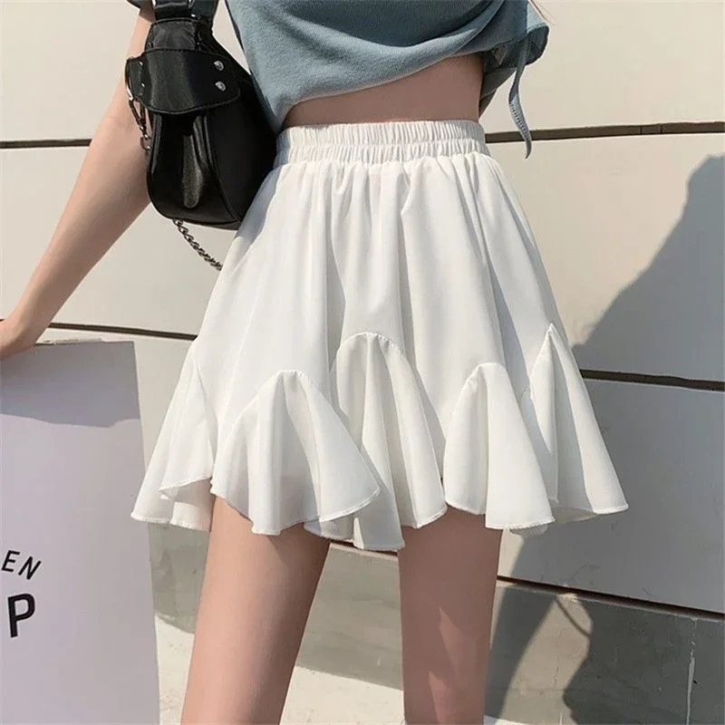 Deeptown Ruffle Women Mini Skirt Korean Style Lace Fairycore Sweet Elegant Shorts Skirt Kawaii Pleated Patchwork Casual Skirts