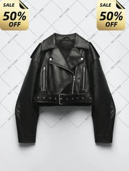 Spring Autumn Women Faux Pu Leather Short Jacket with Belt Motorcycle Biker Female Zipper Lapel Loose Coat Outwear