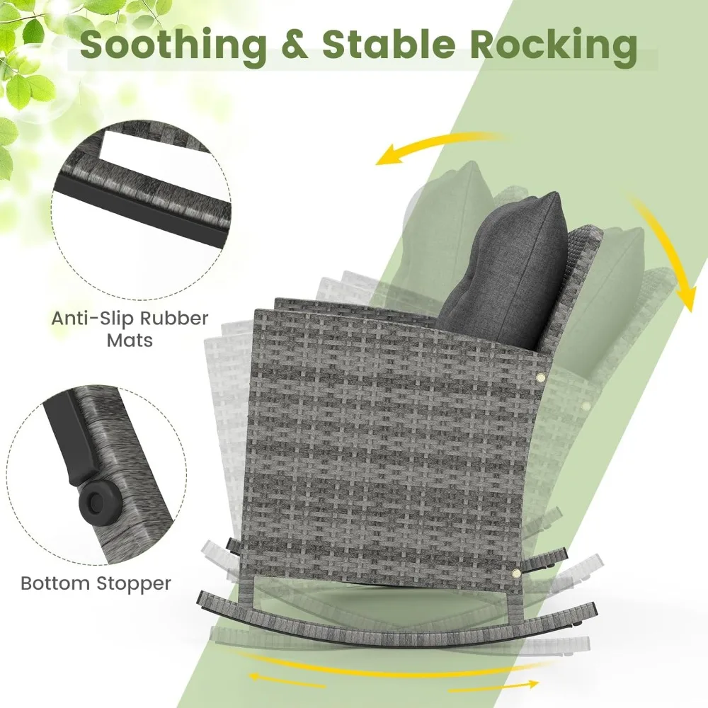 3-Piece Outdoor Wicker Rocking Chair Set with Cushions and Glass Top Coffee Table