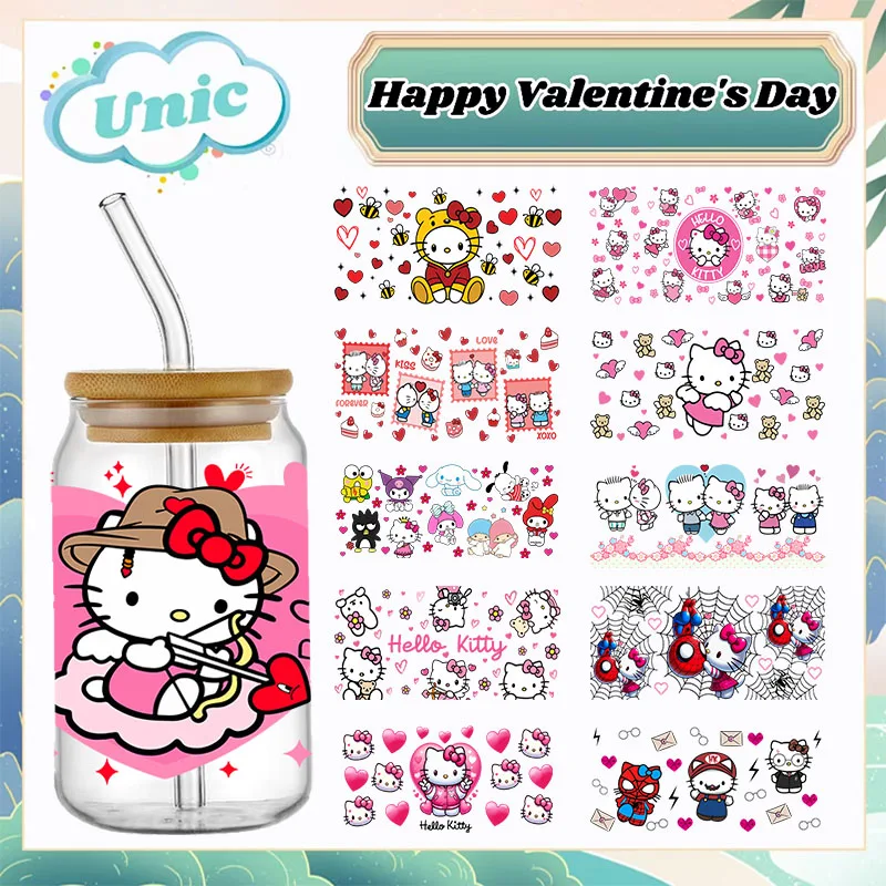 

Miniso Hello Kitty Valentine's Day Sticker 16OZ UV DTF Cup Wraps Transfers Stickers For 16oz Glass Libbey Waterproof DIY Labels