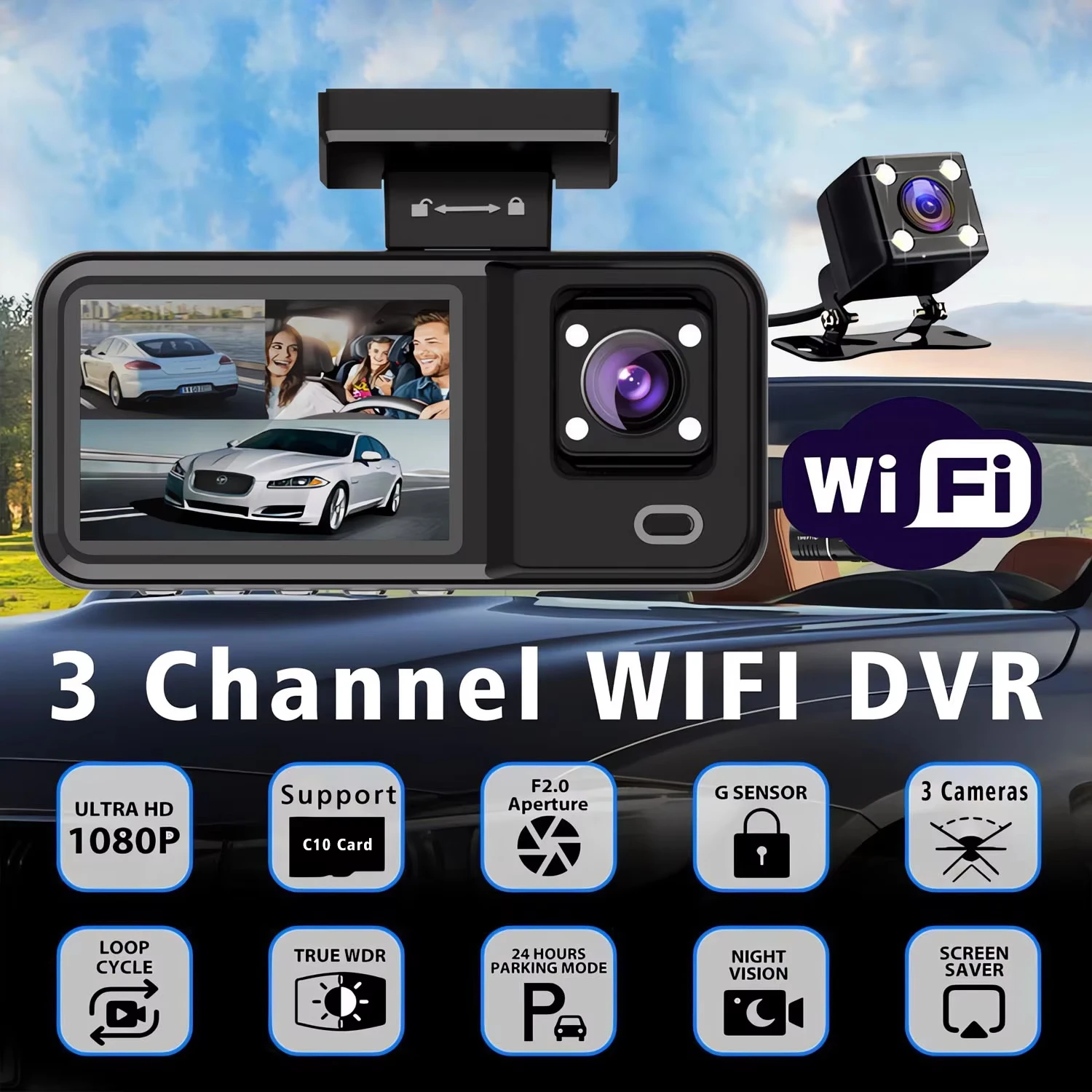 Wifi 3 Camera Car Dvr HD1080P Mini Dash Cam Interior Vehicle Three Way Channel DVRs Recorder Video Registrator Dashcam Camera