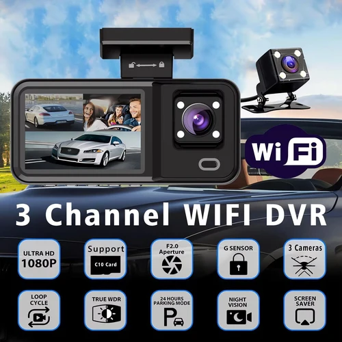 Imagen 2 del producto Cámara Wifi 3 para coche Dvr HD1080P Mini cámara de salpicadero Interior para vehículo DVR de tres canales grabadora grabadora de vídeo cámara Dashcam