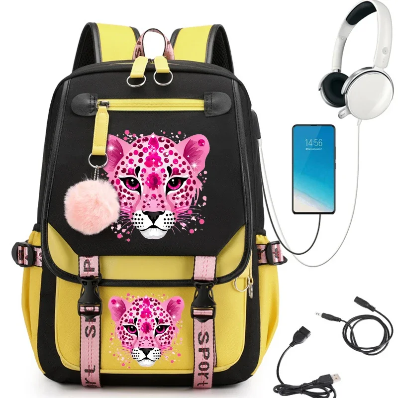 Bella scuola di cartoni animati con stampa leopardata per studenti adolescenti Borsa per libri USB Borsa per zaino per adolescenti per laptop anime