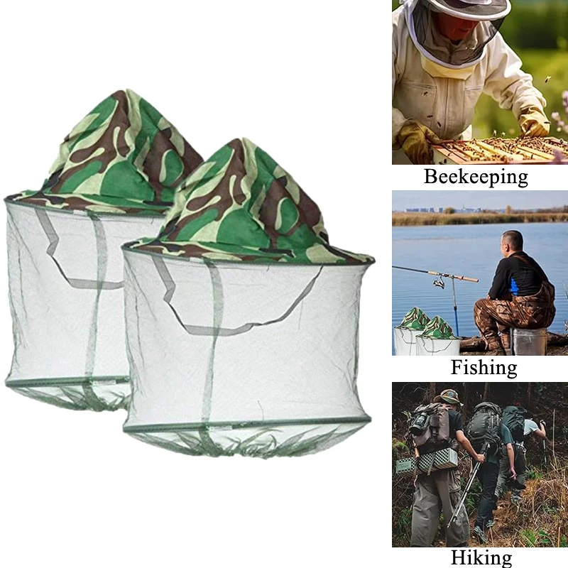 2Pack Camouflage Beekeeper Beekeeping Cap Hat with Head Net Mesh Face Protection Outdoor Fishing Equipment Beekeeping Supplies