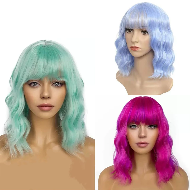 

Green Pink Wavy Curls Woman Wig Euramerican Fashion High-temperature Silk Hair Set 16inch Button Mesh Full Wigs Daily Wear