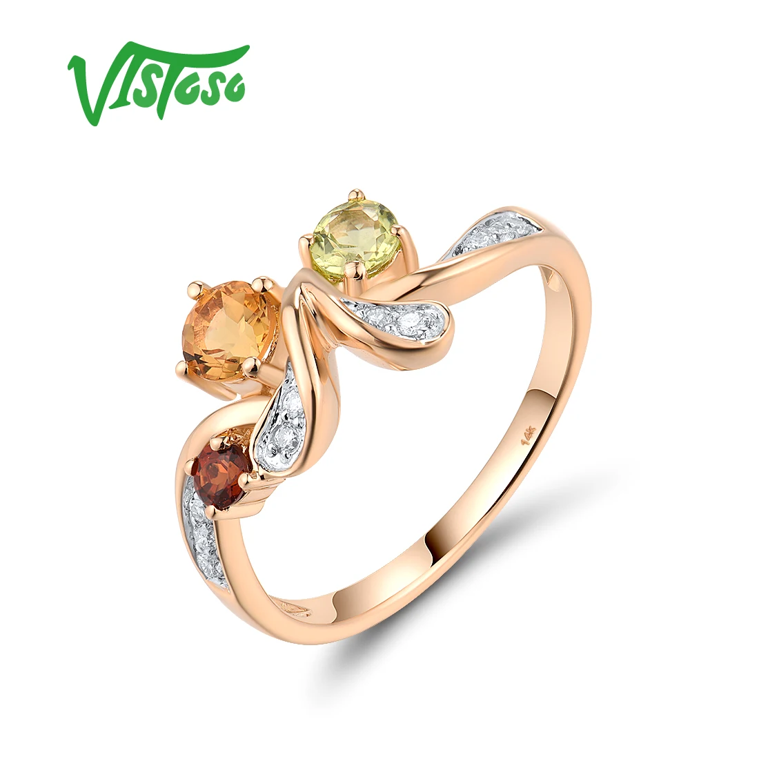 VISTOSO Real 14K 585 Rose Gold Ring For Women Sparkling Diamond Citrine Garnet Wedding Party Gifts Stylish Fine Jewelry